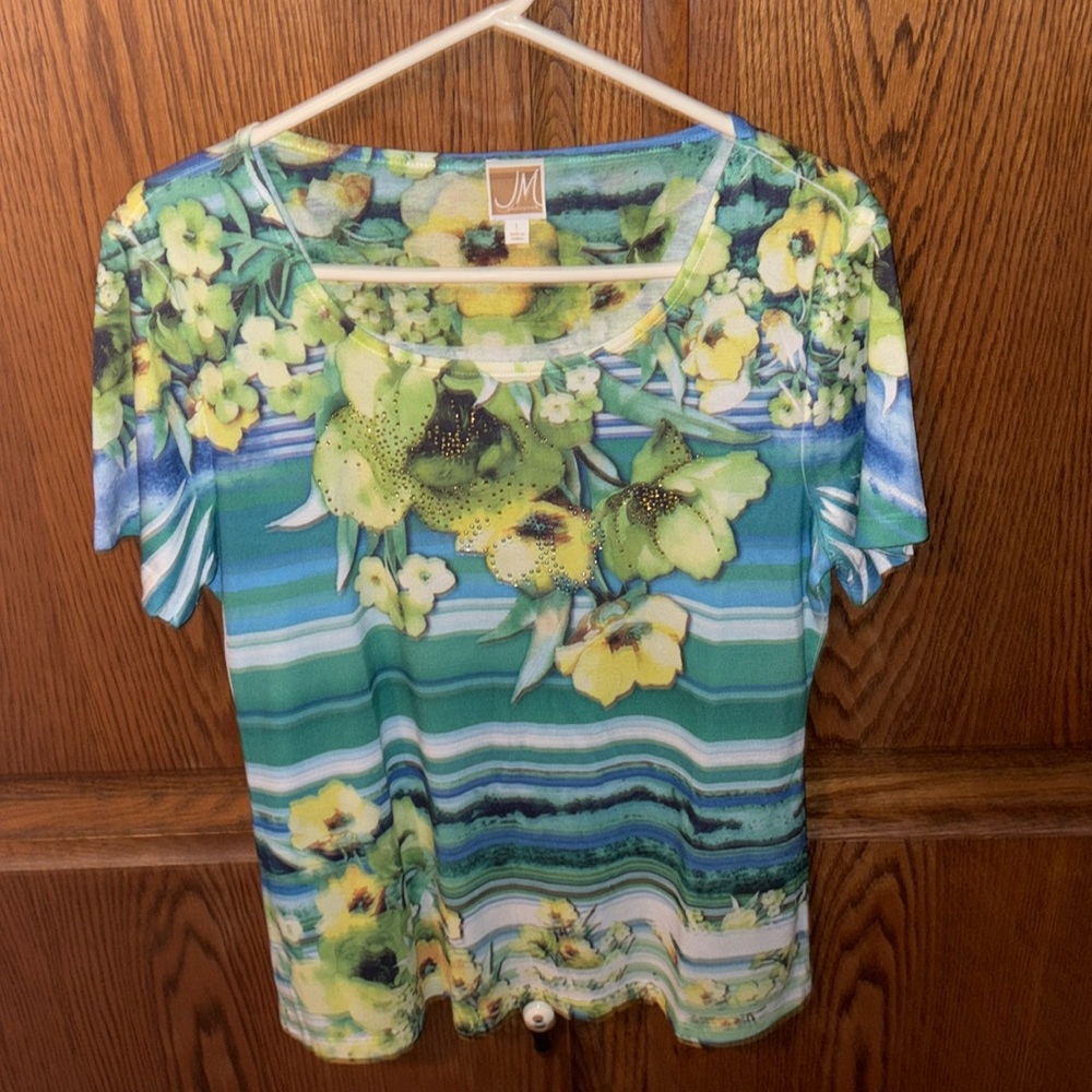 Green white blue striped t shirt with yellow green floral print and nailheads